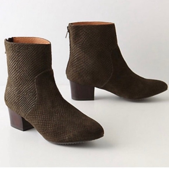 Anthropologie Schuler & Sons Women’s Green Suede Leather Snake Print Booties - Picture 1 of 9